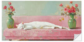 Wandsticker Weiße Katze auf einem rosa Sofa