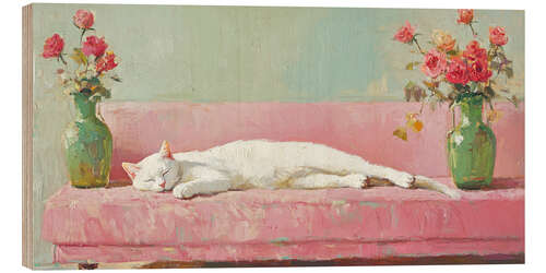 Wood print White Cat on a Pink Sofa