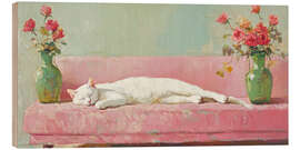 Wood print White Cat on a Pink Sofa - DejaReve