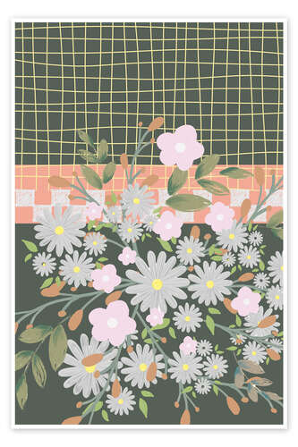 Poster Daisies and Blossoms with Grid Background