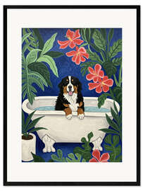 Gerahmter Kunstdruck Berner Sennenhund in der Badewanne