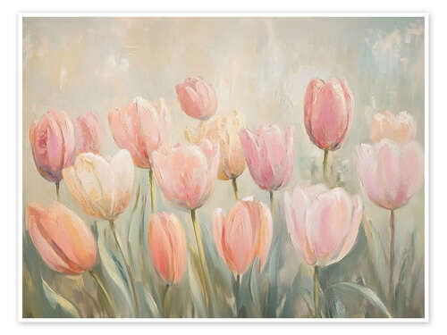 Póster Vintage Spring Pink Tulip Field