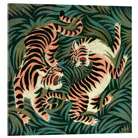 Quadro em acrílico Two roaring tigers facing in a lush jungle