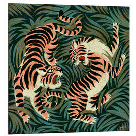 Cuadro de aluminio Two roaring tigers facing in a lush jungle - Marco Marella