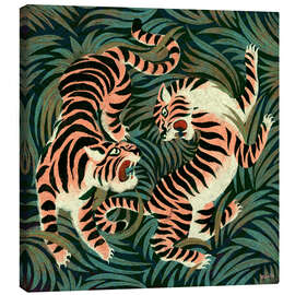 Canvastavla Two roaring tigers facing in a lush jungle - Marco Marella
