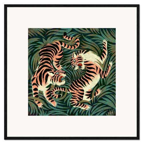 Impression artistique encadrée Two roaring tigers facing in a lush jungle