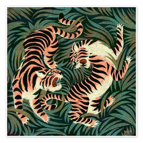 Poster Zwei brüllende Tiger stehen sich gegenüber