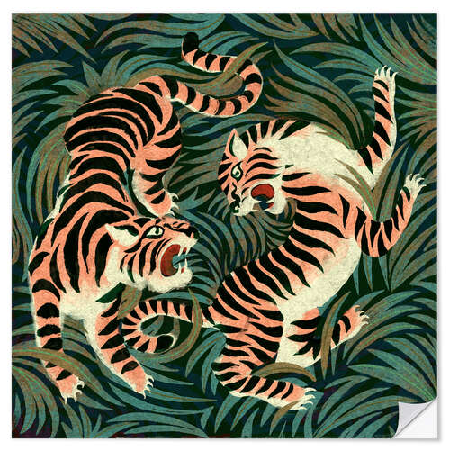 Sticker mural Two roaring tigers facing in a lush jungle