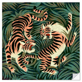 Sticker mural Two roaring tigers facing in a lush jungle - Marco Marella
