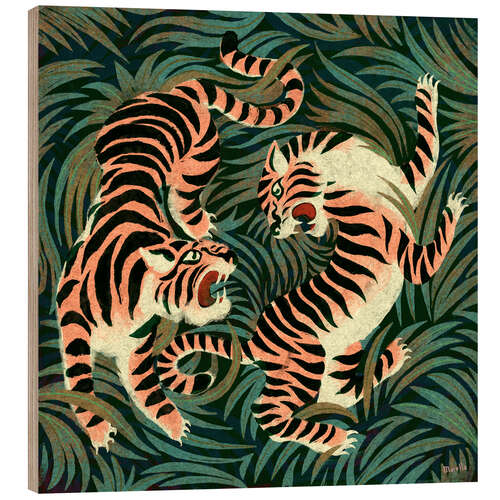 Stampa su legno Two roaring tigers facing in a lush jungle