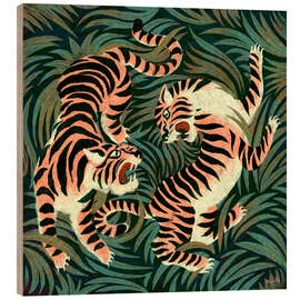 Wood print Two roaring tigers facing in a lush jungle - Marco Marella
