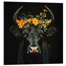 Acrylic print Black cow with flower wreath - Thomas Klee