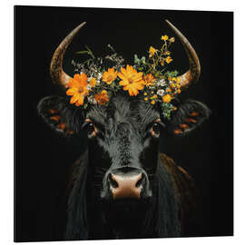 Stampa su alluminio Black cow with flower wreath - Thomas Klee