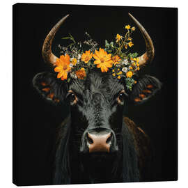 Stampa su tela Black cow with flower wreath - Thomas Klee