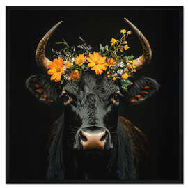 Gerahmter Kunstdruck Schwarzes Rind mit Blumenkranz