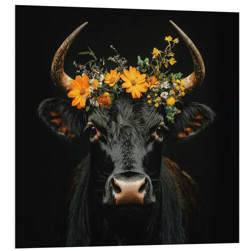 Quadro em PVC Black cow with flower wreath