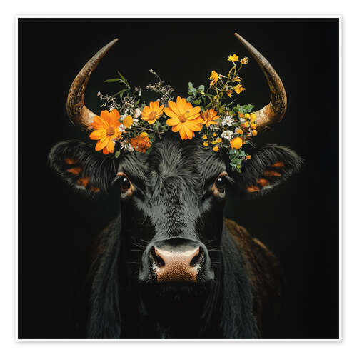 Poster Schwarzes Rind mit Blumenkranz