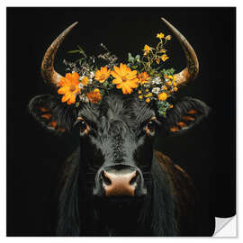 Sticker mural Black cow with flower wreath - Thomas Klee