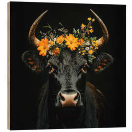 Puutaulu Black cow with flower wreath - Thomas Klee