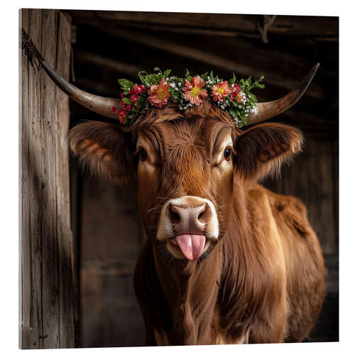 Quadro em acrílico Cow with floral decoration sticks out tongue