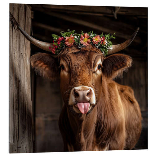 Stampa su alluminio Cow with floral decoration sticks out tongue