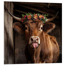 Hartschaumbild Rind mit Blumenschmuck streckt Zunge raus