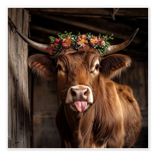 Poster Rind mit Blumenschmuck streckt Zunge raus