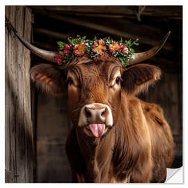 Wall sticker Cow with floral decoration sticks out tongue - Thomas Klee
