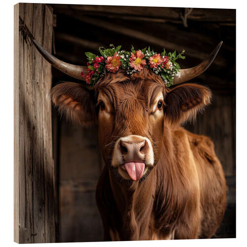 Wood print Cow with floral decoration sticks out tongue