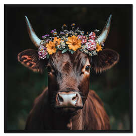 Gerahmter Kunstdruck Rinderportrait mit buntem Blumenschmuck
