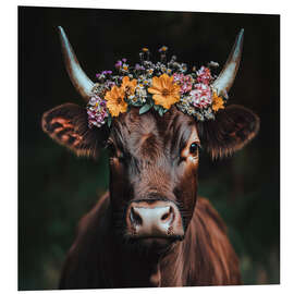 Hartschaumbild Rinderportrait mit buntem Blumenschmuck