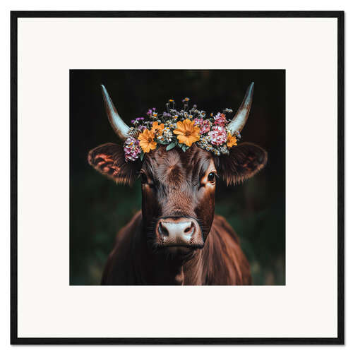 Framed art print Cattle portrait with colourful floral decoration