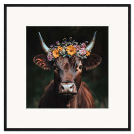 Framed art print Cattle portrait with colourful floral decoration - Thomas Klee