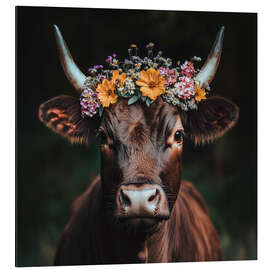 Magnettafel Rinderportrait mit buntem Blumenschmuck