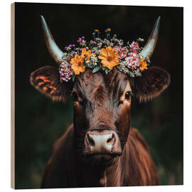 Puutaulu Cattle portrait with colourful floral decoration - Thomas Klee