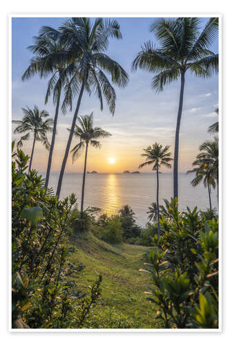 Poster Sonnenuntergang am Palmenstrand auf Koh Samui, Thailand