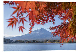 Tableau en verre acrylique Red autumn leaves at Lake Kawaguchi with Mount Fuji - Jan Christopher Becke