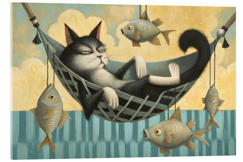 Quadro em acrílico Relaxing day - Cat in hammock by the sea