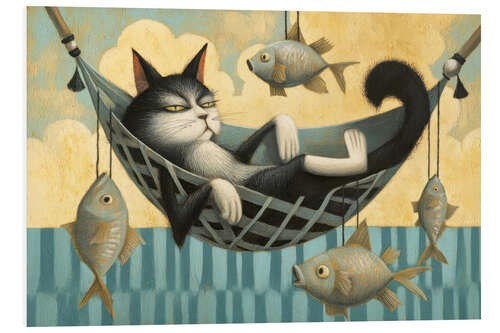 Tableau en PVC Relaxing day - Cat in hammock by the sea