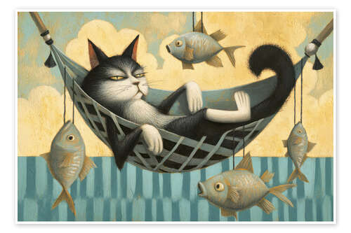 Poster Relaxing day - Cat in hammock by the sea