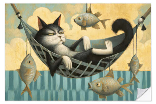 Sticker mural Relaxing day - Cat in hammock by the sea