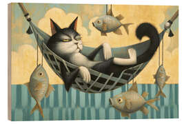 Tableau en bois Relaxing day - Cat in hammock by the sea - UtArt