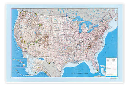 Poster USA - Routen, Autobahnen, Staaten, Parks