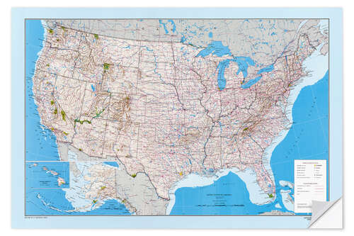 Muursticker USA Map - Routes, Highway, States, Parks 1967