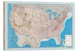 Stampa su legno USA Map - Routes, Highway, States, Parks 1967 - Vintage Educational Collection