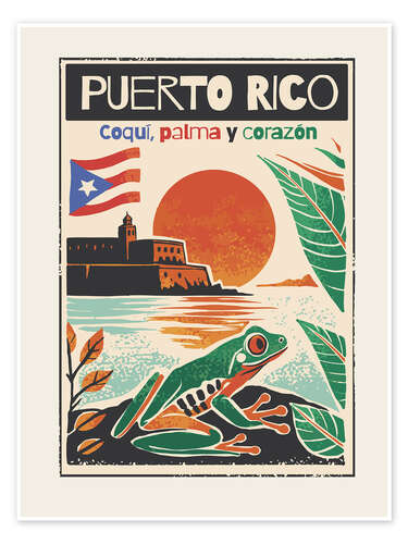 Plakat Puerto Rico - Coquí, palma y corazón