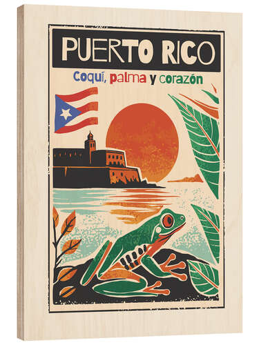 Wood print Puerto Rico - Coquí, palma y corazón