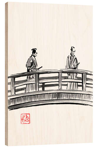 Holzbild Zwei Samurai auf der Brücke