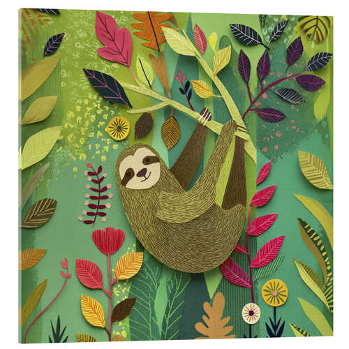 Obraz na szkle akrylowym Cozy sloth in the tree as a paper cut-out
