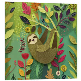 Tableau en PVC Cozy sloth in the tree as a paper cut-out - UtArt